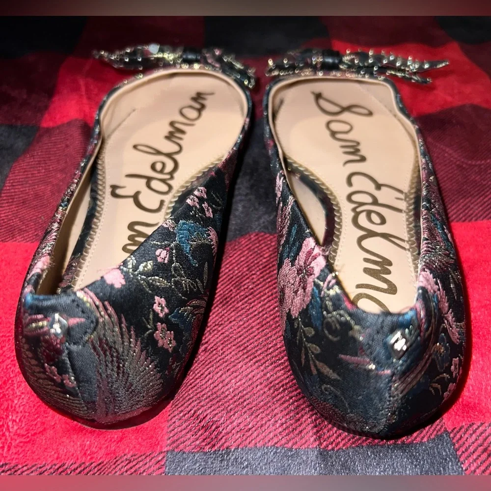 EUC Sam Edelman Raisa Studded Black Bird Jacquard Pointed Flats - Picture 2 of 9